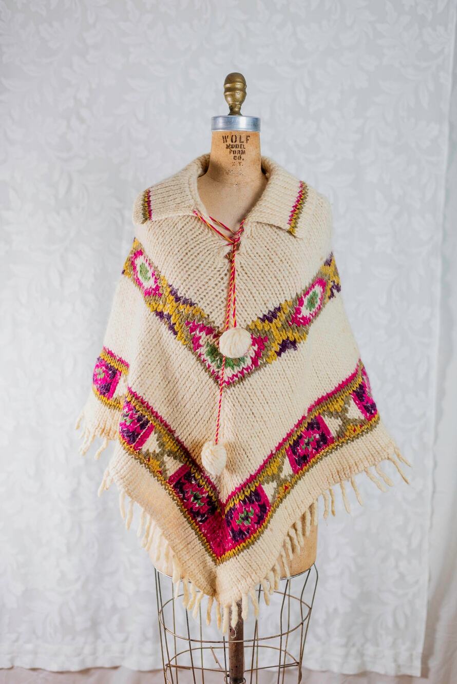 Vintage 70s Handmade Knit Wool Cape, Cream Pink Purple 1970s Poncho Fringe Boho